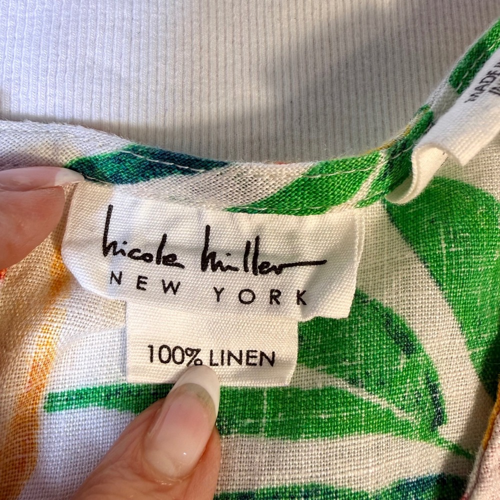 Nicole Miller Linen Tropical Floral Shift Dress S White Yellow Flutter Sleeve - Picture 4 of 15
